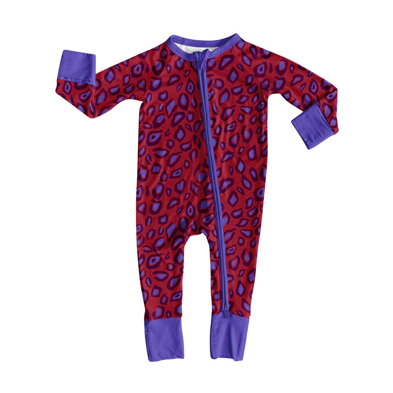 Preorder(moq 5)Baby Girls Wine Leopard Zipper Footie Rompers