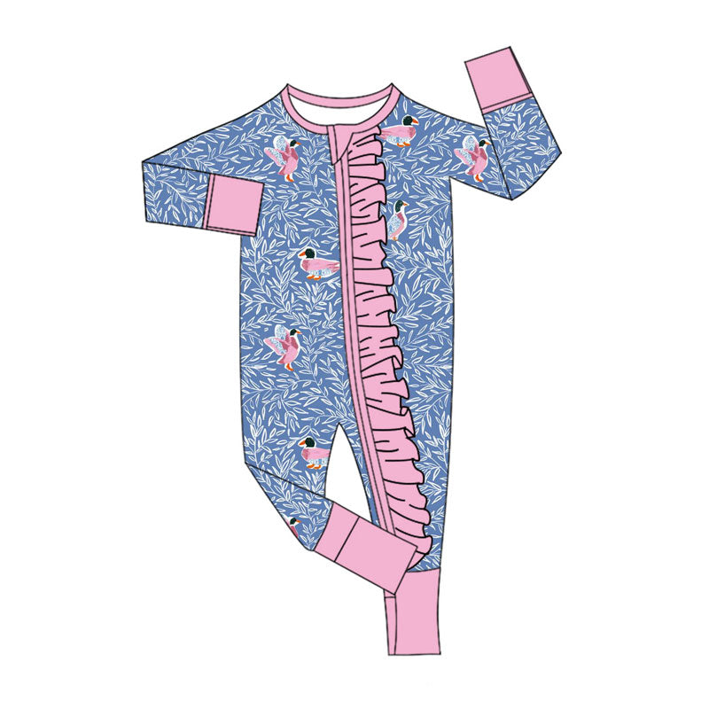 Preorder (moq 8)Baby Girls Blue Floral Ducks Ruffle Zipper Footie Rompers