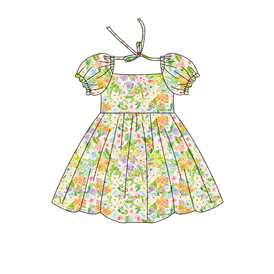 Preorder (moq 5)Baby Girls Short Ruffle Sleeve Colorful Floral Knee Length Dresses