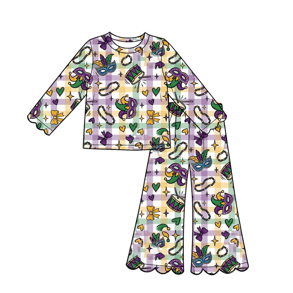 Preorder (moq 5) Girl clothes Easter Bunny Floral Long Sleeve Round Neck Scalloped Flare Pants 2‑Piece Outfit Set