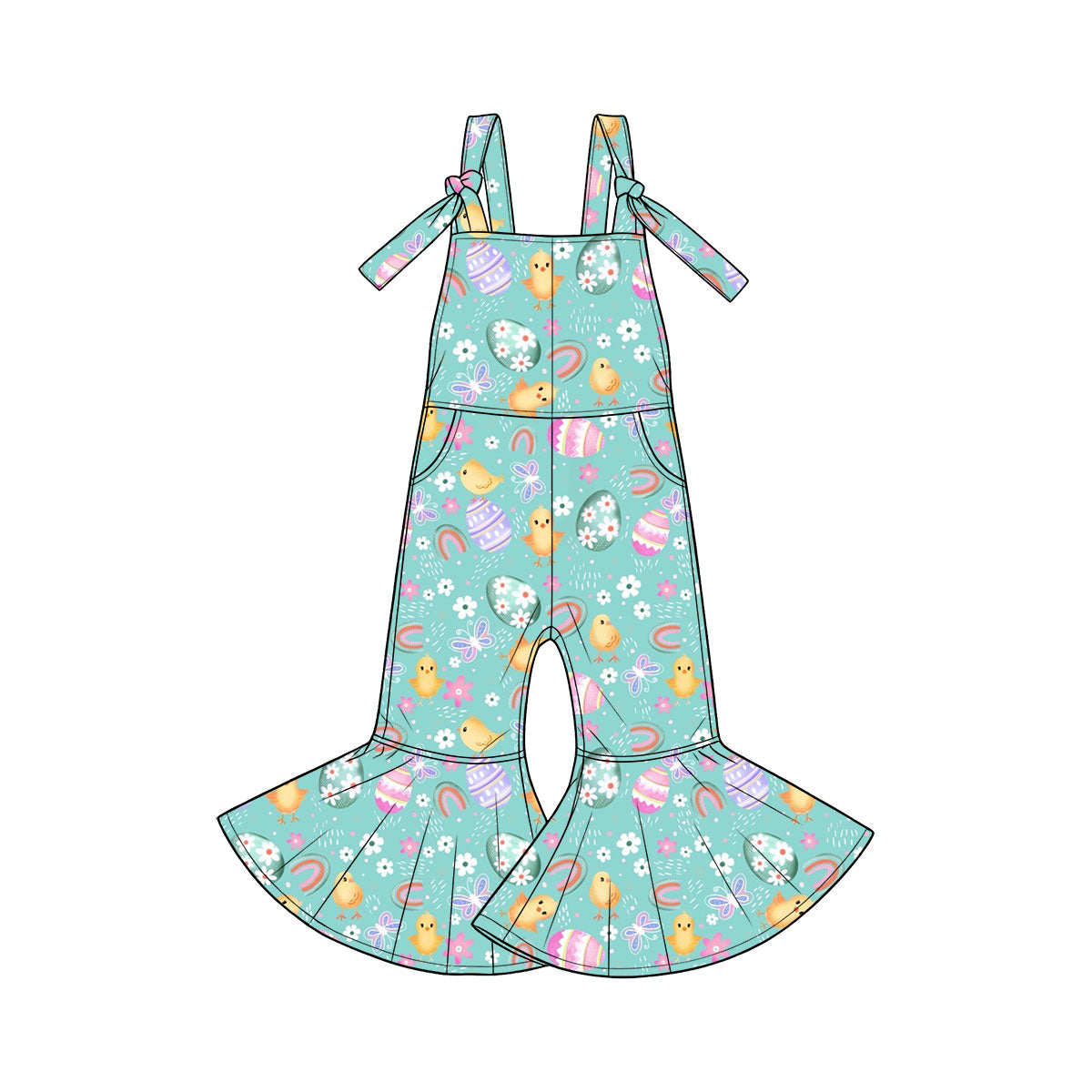 Pre-order(moq5) | Kids’ Spring Mint Green & Soft Yellow Chick and White Daisy Print Suspender Pants | Sisters’ Matching Outfits