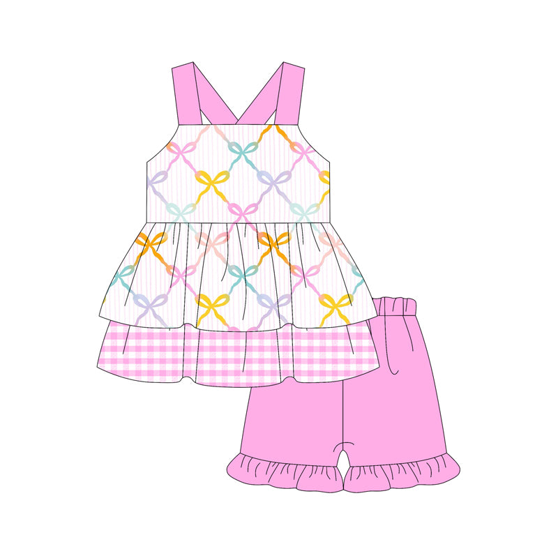 Preorder (moq 5)Baby Girls Pink Strap Colorful Bows Tunic Ruffle Short Set