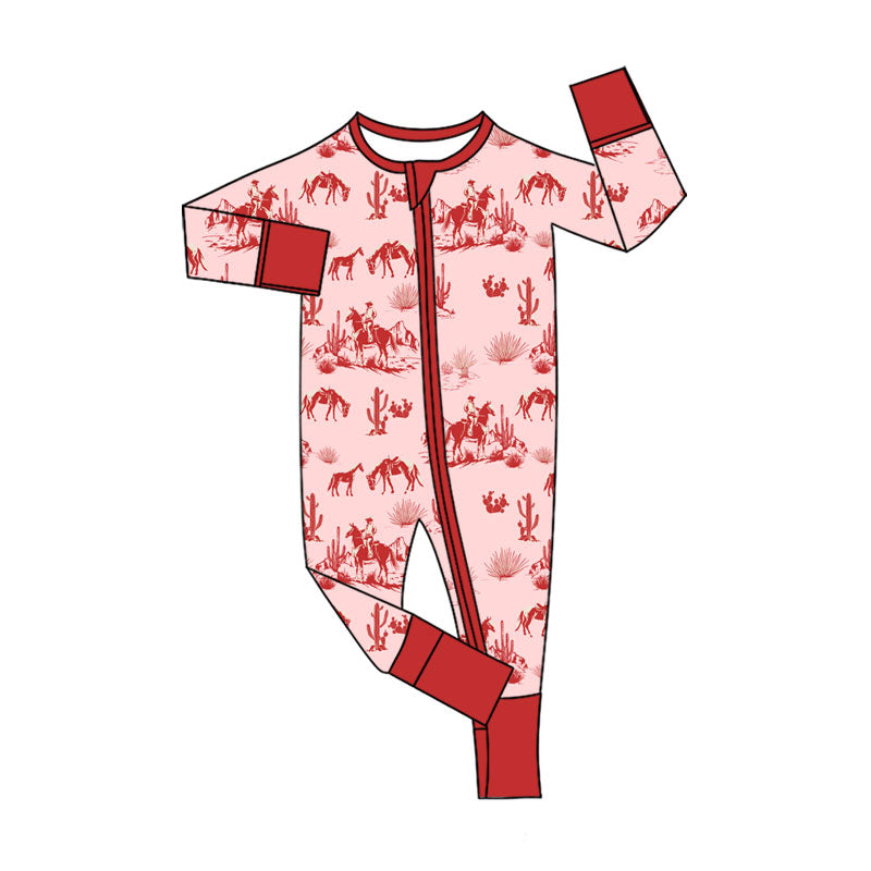 Preorder (moq 5)Baby Girls Red Long Sleeve Cactus Horse Rodeos Western Two Way Zipper Convertible Rompers