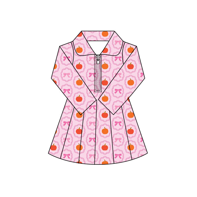 Preorder (moq 5)Baby Girls Bows Pumpkins Zip Pleated Skirt Short Fall Knee Length Dresses