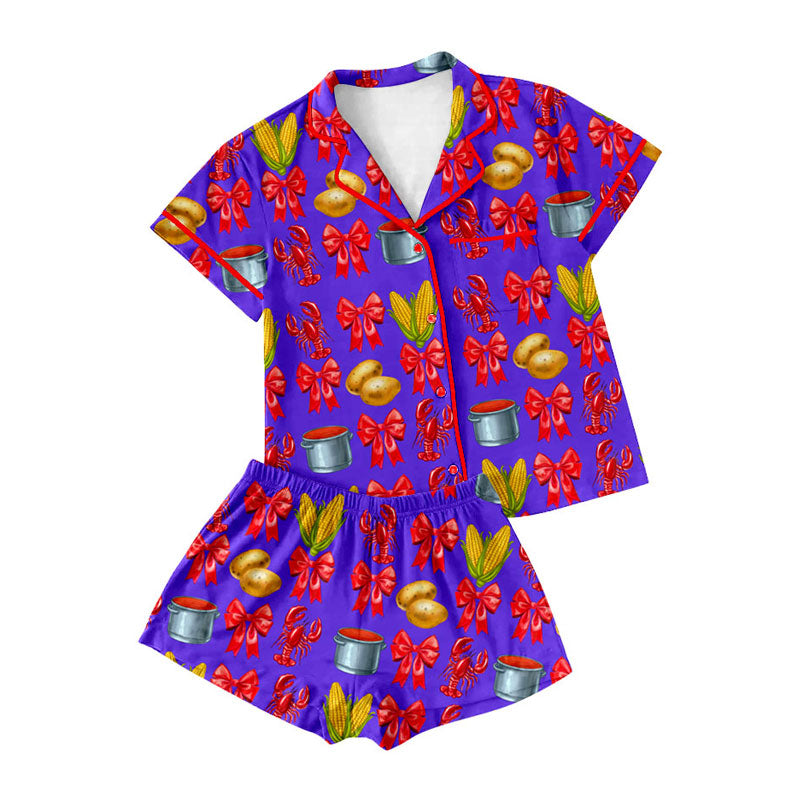 Preorder moq 5 Adult Women Bows Crayfishes Button Pockets Top Shorts Mardigras Pajamas Sets