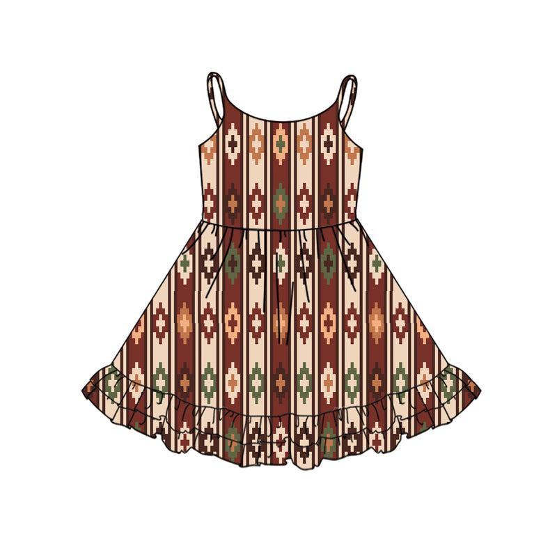 Preorder (moq 5)Baby Girls Brown Strap Aztec Stripe Knee Length Dresses