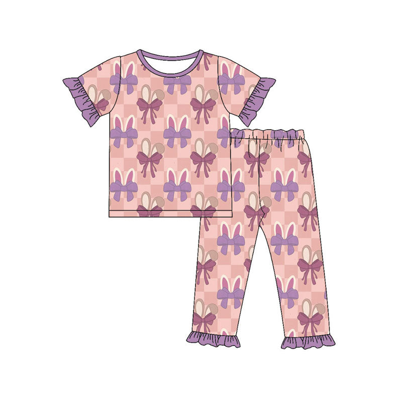 Preorder (moq 5)Baby Girls Pink Checked Rabbits Bows Top Ruffle Pants Easter Pajamas Sets