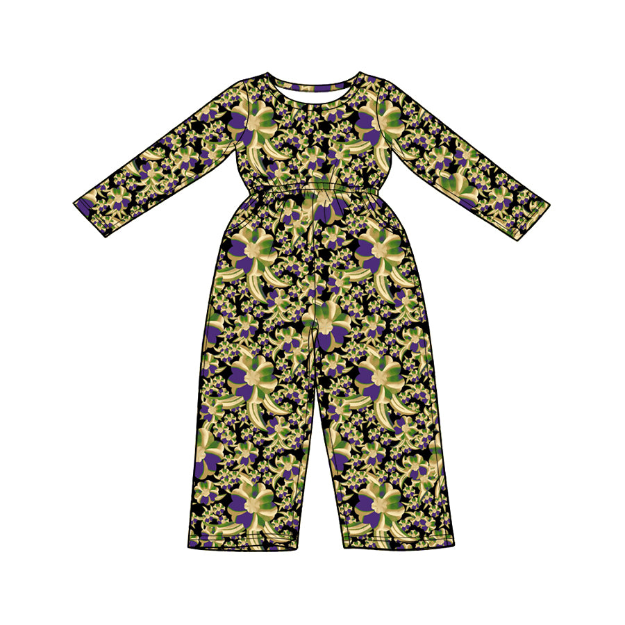 Preorder (moq 5) Baby Girls Long Sleeve Mardigras Flowers Pockets Pant Jumpsuits
