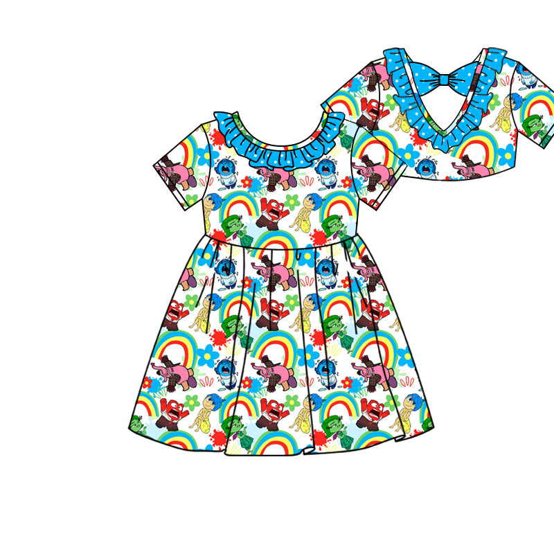 Preorder (moq 5)Baby Girls Monster Rainbow Back Bow Knee Length Dresses