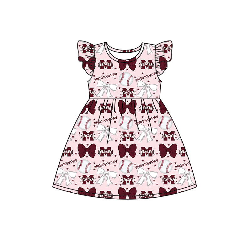 Preorder (moq 5)Baby Girls Flutter Sleeves Baseballs Bows M State Team Knee Length Dresses