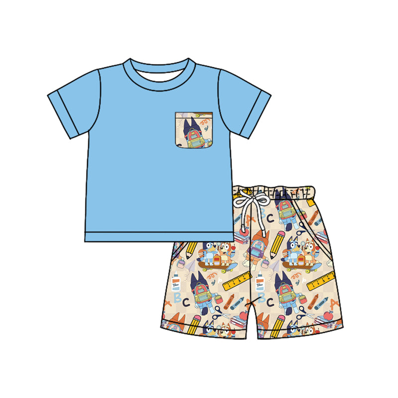 Preorder (moq 5)Baby Boys Blue Dog Back To School Pocket Top Shorts Clothes Sets