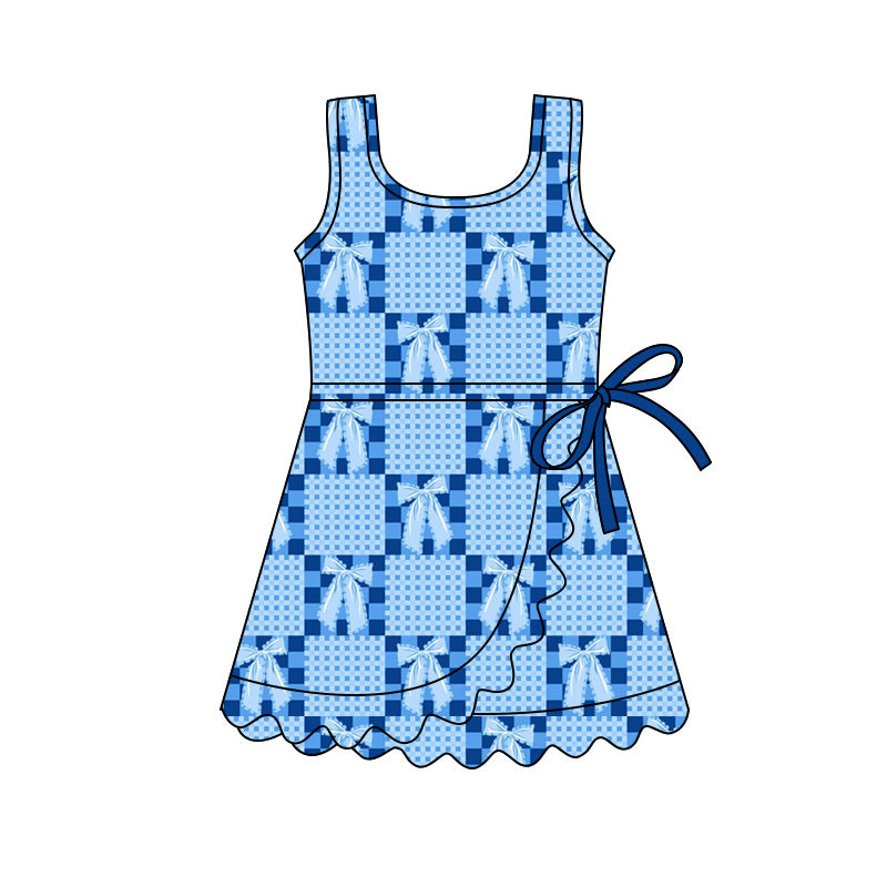 Preorder (moq 5)Baby Girls Sleeveless Blue Bows Checked Scallop Short Knee Length Dresses
