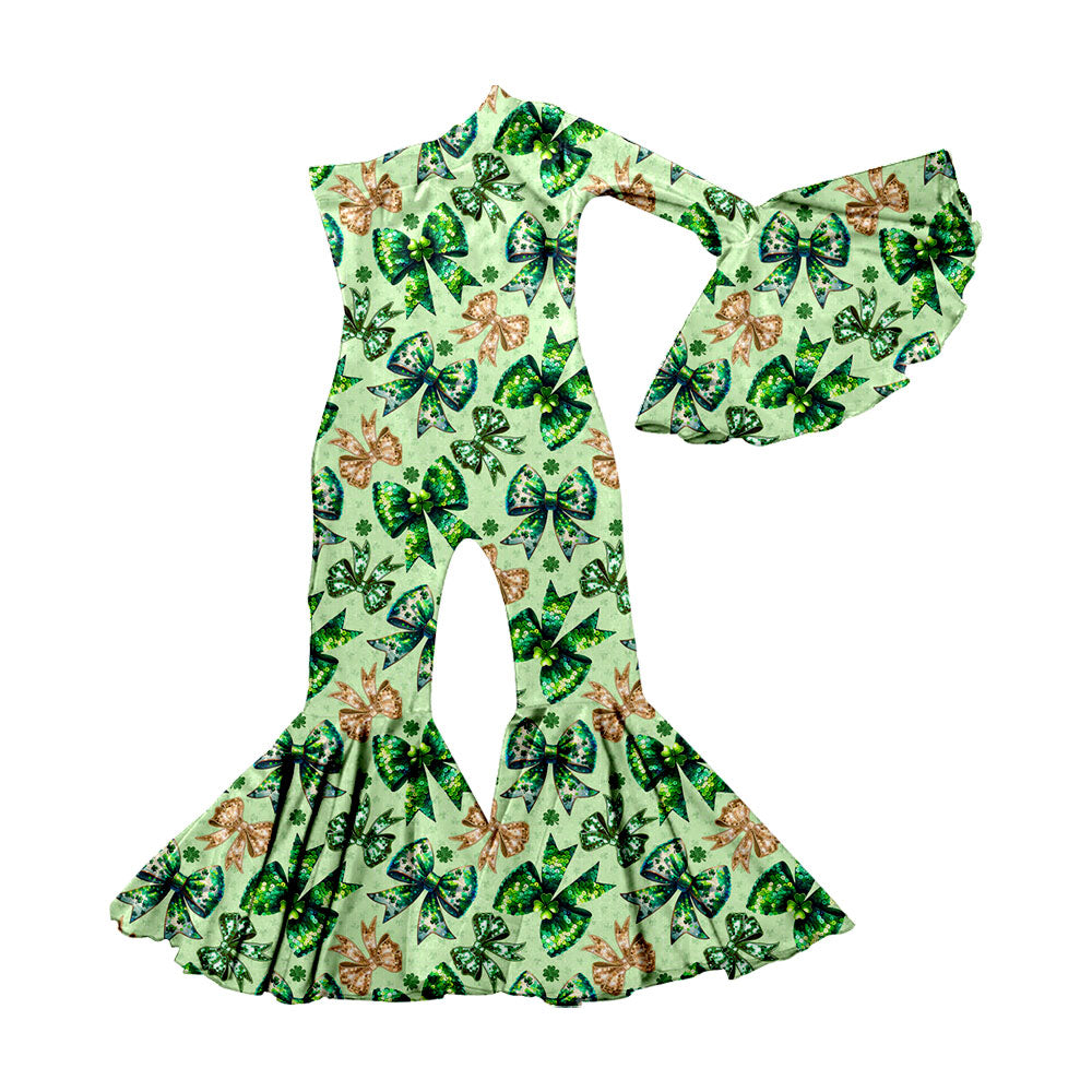 Preorder(moq 5) Baby Girls Green Clovers Bows St Patrick Bell Bottom Jumpsuits