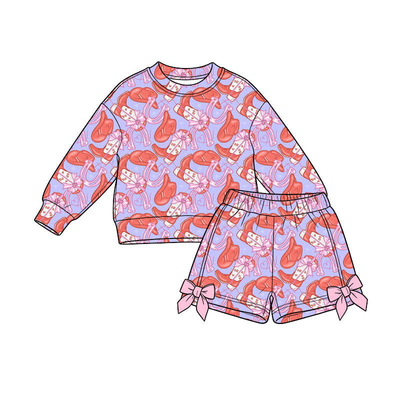 Preorder (moq 5) Baby Girl Clothes Cowgirl Boot Bow Mixed Print Long Sleeve Top Bow Shorts Outfit Set
