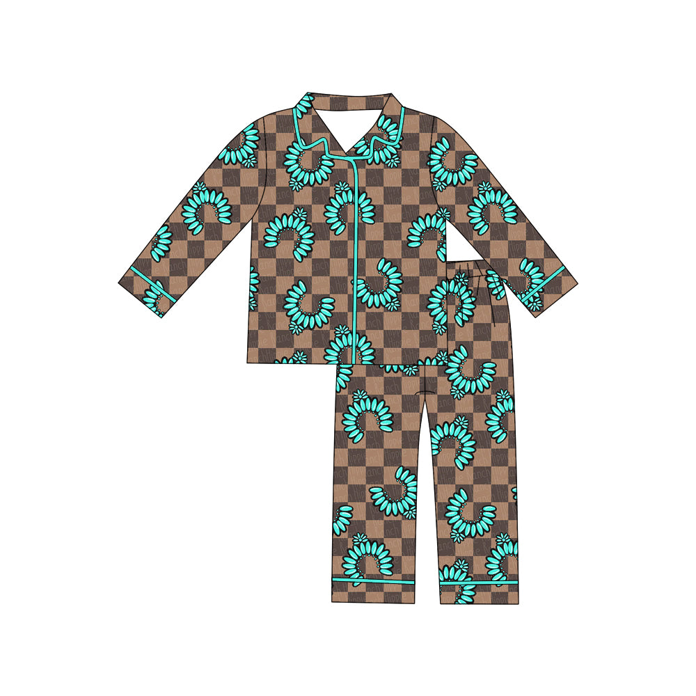 Preorder moq 5 Adult Long Sleeve Khaki Checked Turquoises Button Top Pants Western Pajamas Sets