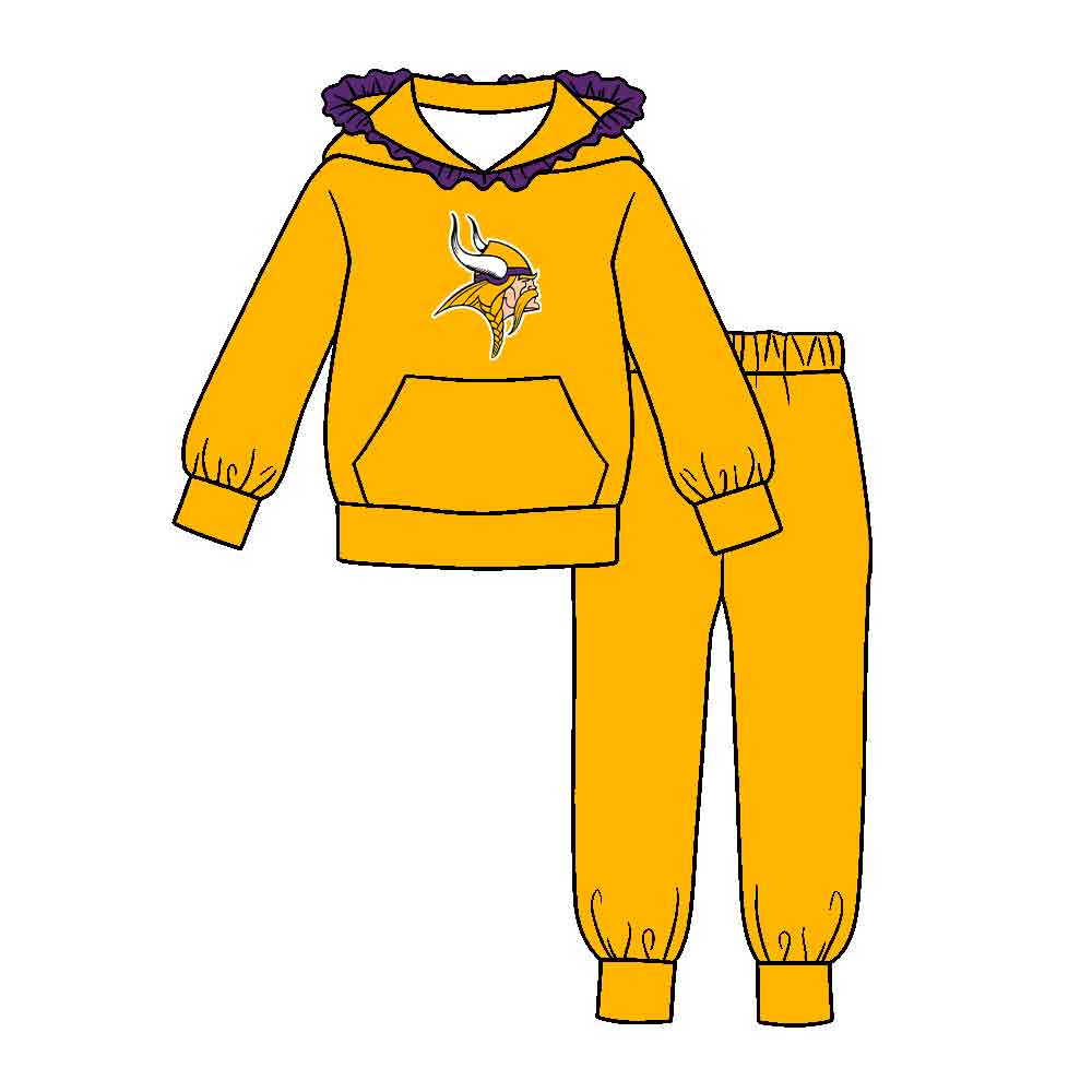 Preorder (moq 5)Baby Girls Yellow Vikings Pocket Ruffle Hoodie Joggers Team Clothes Set