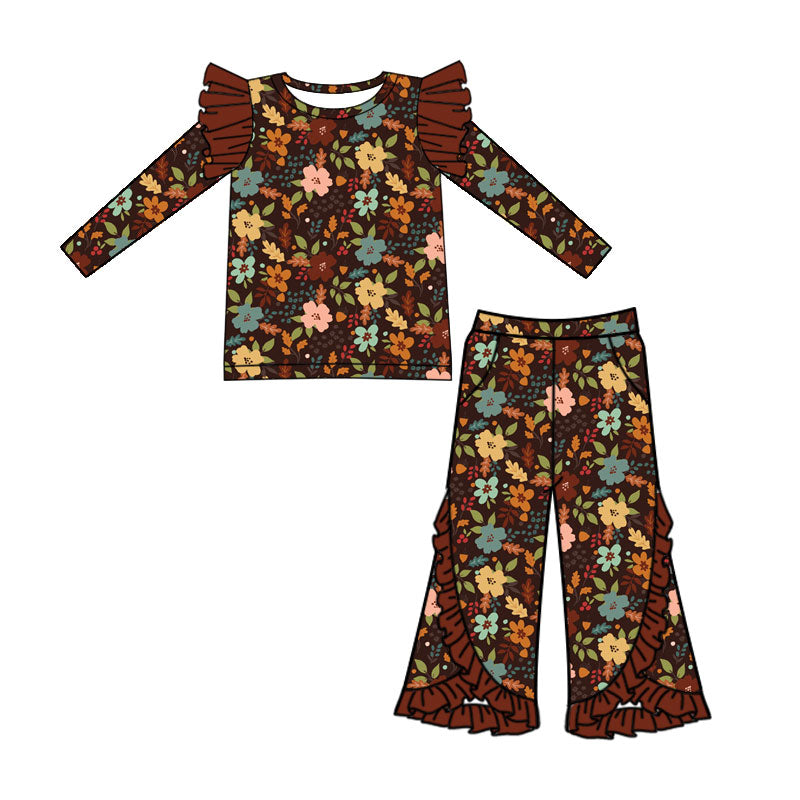 Preorder (moq 5)Baby Girls Colorful Flowers Flutter Long Sleeve Top Pockets Flare Pant Clothes Sets