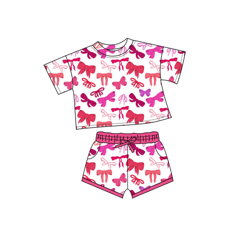 Preorder(moq 5) Baby Girls Red Pink Bows Plaid Top Pockets Shorts Valentine Clothes Sets