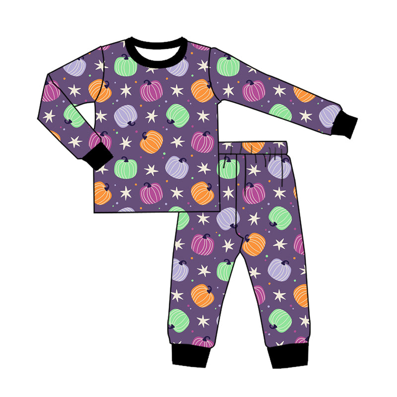 Preorder (moq 5)Baby Boys Colorful Pumpkins Stars Plaid Top Pants Fall Pajamas Set