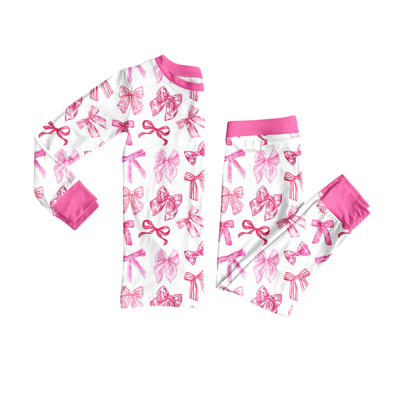 Preorder (moq 5)Baby Girls Long Sleeves Pink Bows Plaid Top Pants Pajamas Set