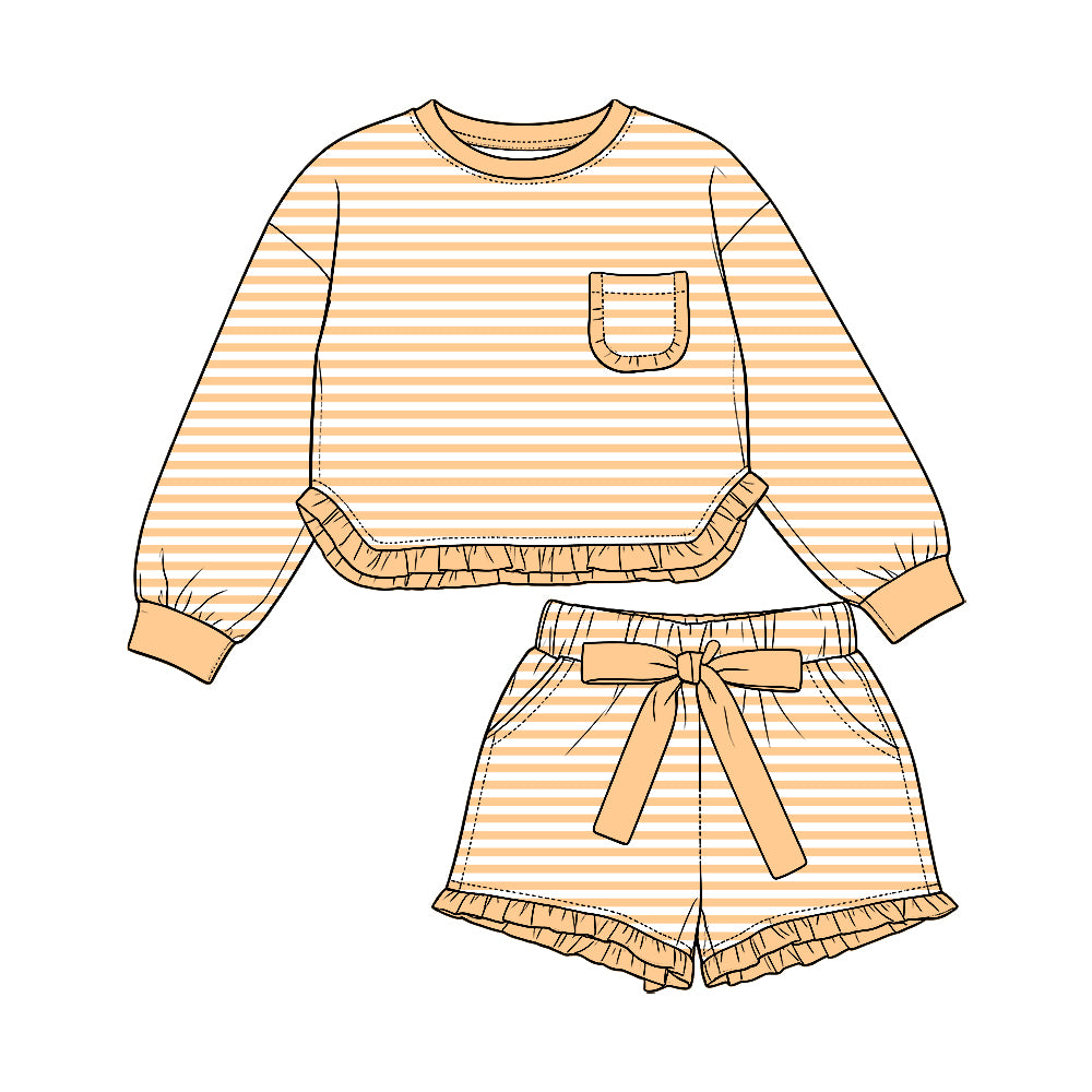 Preorder (moq5) Baby Girls Orange Stripe Pocket Top Ruffle Bow Short Clothes Set