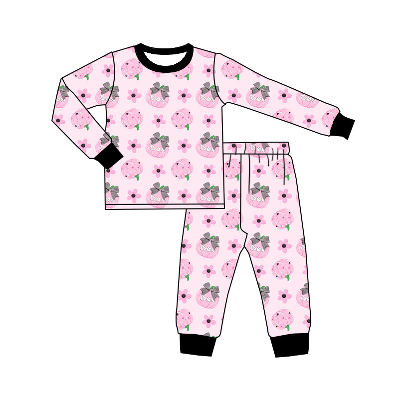 Preorder (moq 5)Baby Girls Bows Pumpkins Flowers Top Pants Fall Pajamas Set