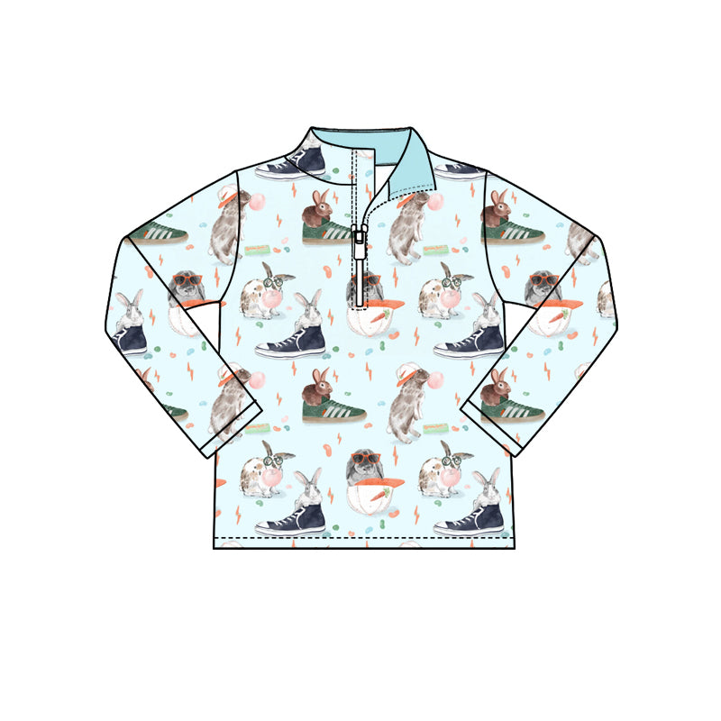 Preorder (moq 5) Baby Boy Clothes Cool Bunny Sneaker Carrot Print Long Sleeve Quarter Zip Pullover Top