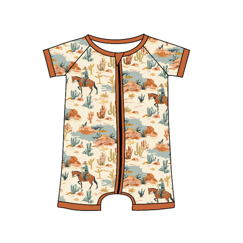 Preorder(moq 5)Baby Infant Boys Khaki Short Sleeves House Rodeo Zipper Rompers
