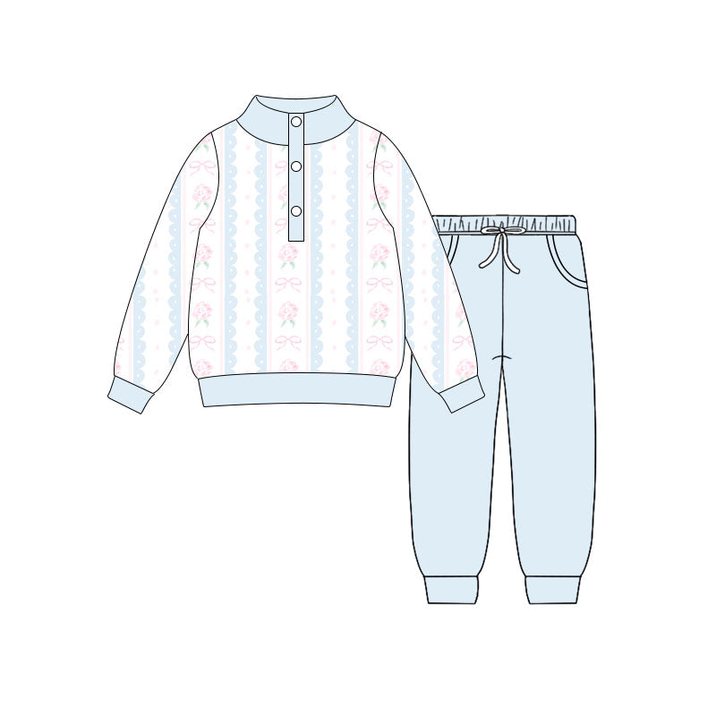 Preorder(moq 5) Baby Girls Flowers Bows Stripe Button Top Pockets Jogger Clothes Sets