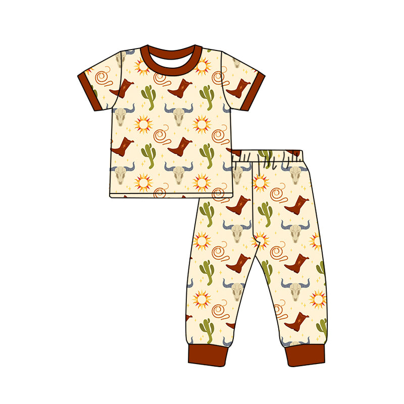 Preorder (moq 5)Baby Boys Khaki Short Sleeves Boots Cactus Bull Skull Top Pant Pajamas Set