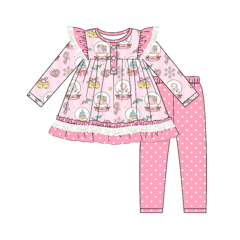 Preorder (moq 5)Baby Girls Pink Snowmen Trees Button Tunic Polka Dots Legging Pant Set