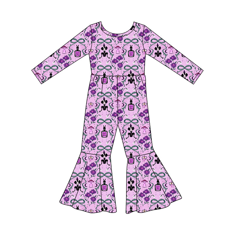 Preorder (moq 5)Baby Girls Ghost Bows Flowers Bell Bottom Halloween Jumpsuits