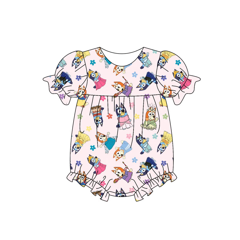 Preorder(moq 5)Baby Infant Girls Pink Short Ruffle Sleeves Cartoon Dogs Flowers Rompers