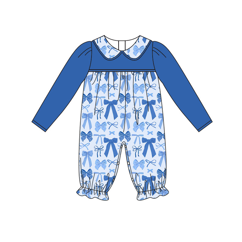 Preorder (moq 5)Baby Girls Hot Blue Long Sleeves Bows Plaid Ruffle Pant Rompers