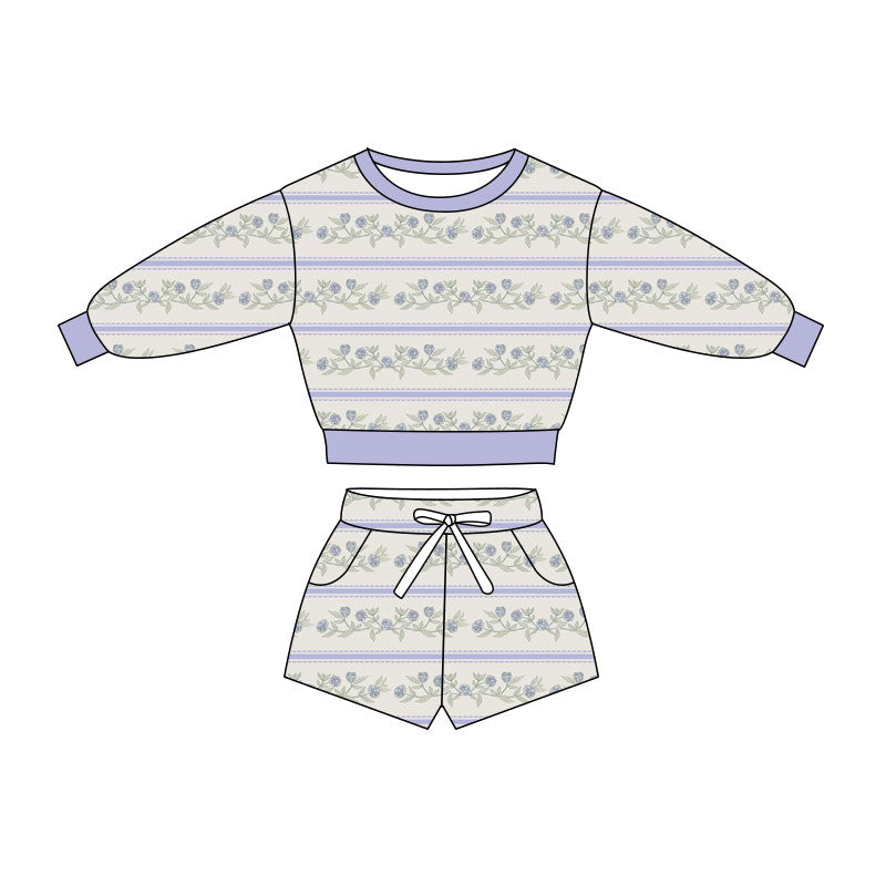 Preorder(moq 5) Baby Girls Lavender Flowers Stripe Long Sleeve Pockets Shorts Clothes Sets