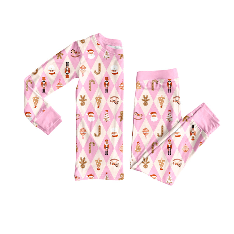 Preorder (moq 5)Baby Girls Pink Plaid Long Sleeves Soldier Santa Top Pant Pajamas Set
