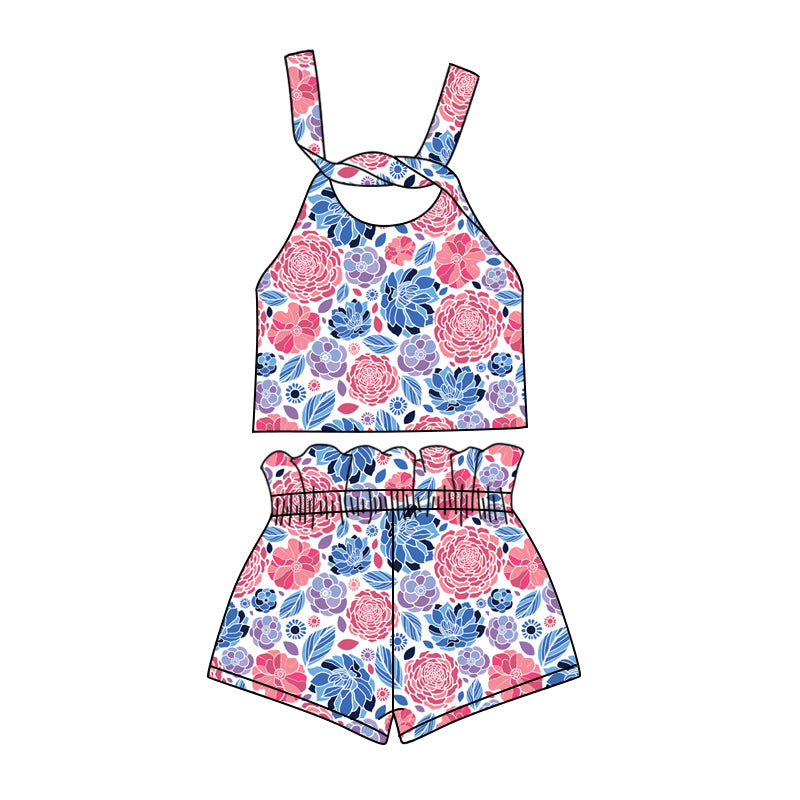 Preorder (moq 5)Baby Girls 4th Of July Flowers Straps Top Shorts Clothes Sets