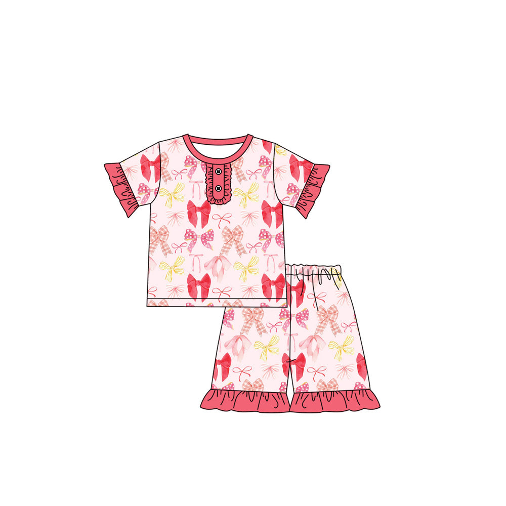 Preorder (moq 5)Baby Girls Red Baseball Bows Shirt Top Shorts Pajamas Clothes Sets