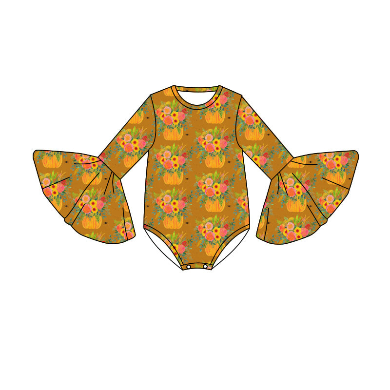 Preorder (moq 5)Baby Girls Bell Sleeve Flowers Pumpkins Fall Ruffle Rompers