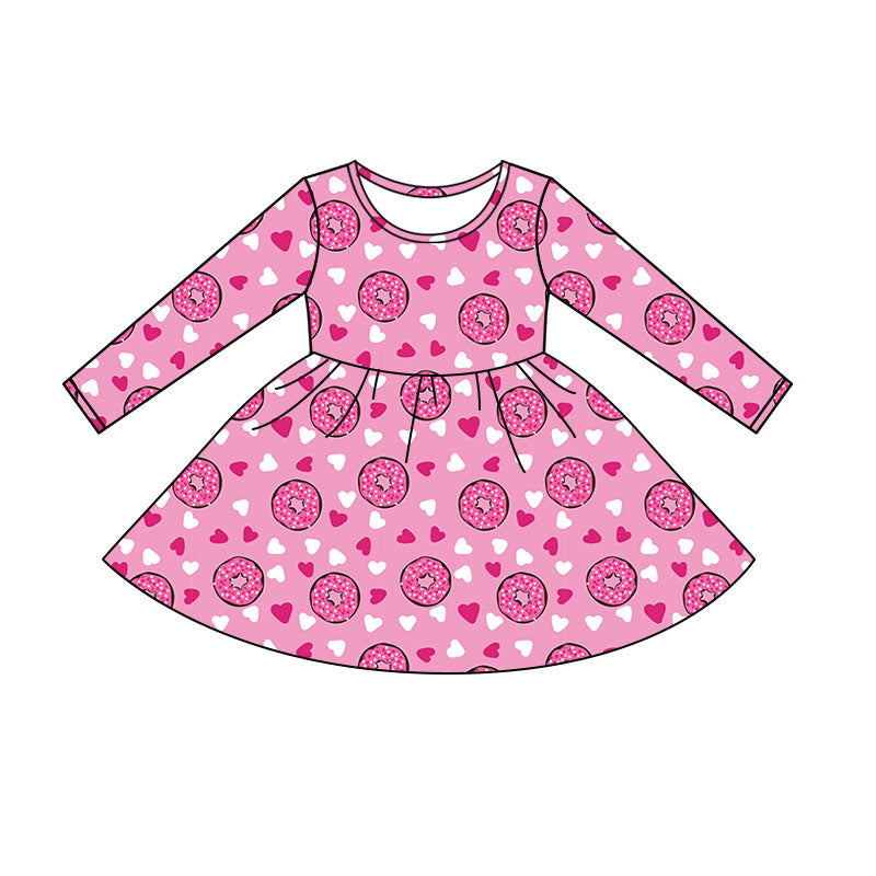 Preorder (moq 5)Baby Girls Pink Donuts Hearts Valentines Knee Length Dresses