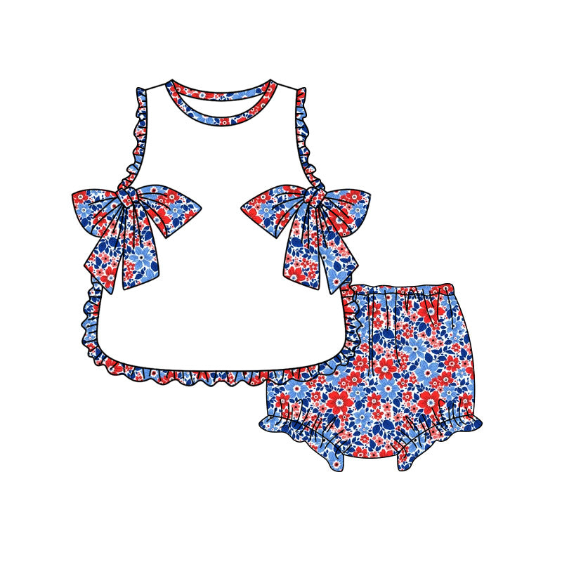 Preorder moq 5 Baby Girls Red Blue Flowers Tunic Bummies Short 4th of July Clothes Set