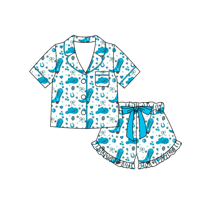 Preorder (moq 5)Baby Girls Boot Hats Hearts Pocket Button Top Ruffle Short Western Pajamas Sets