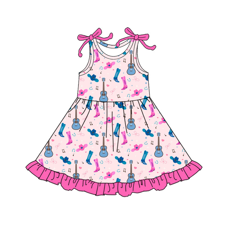 Preorder (moq 5)Baby Girls Bows Sleeveless Hats Boot Guitars Western Ruffle Knee Length Dresses