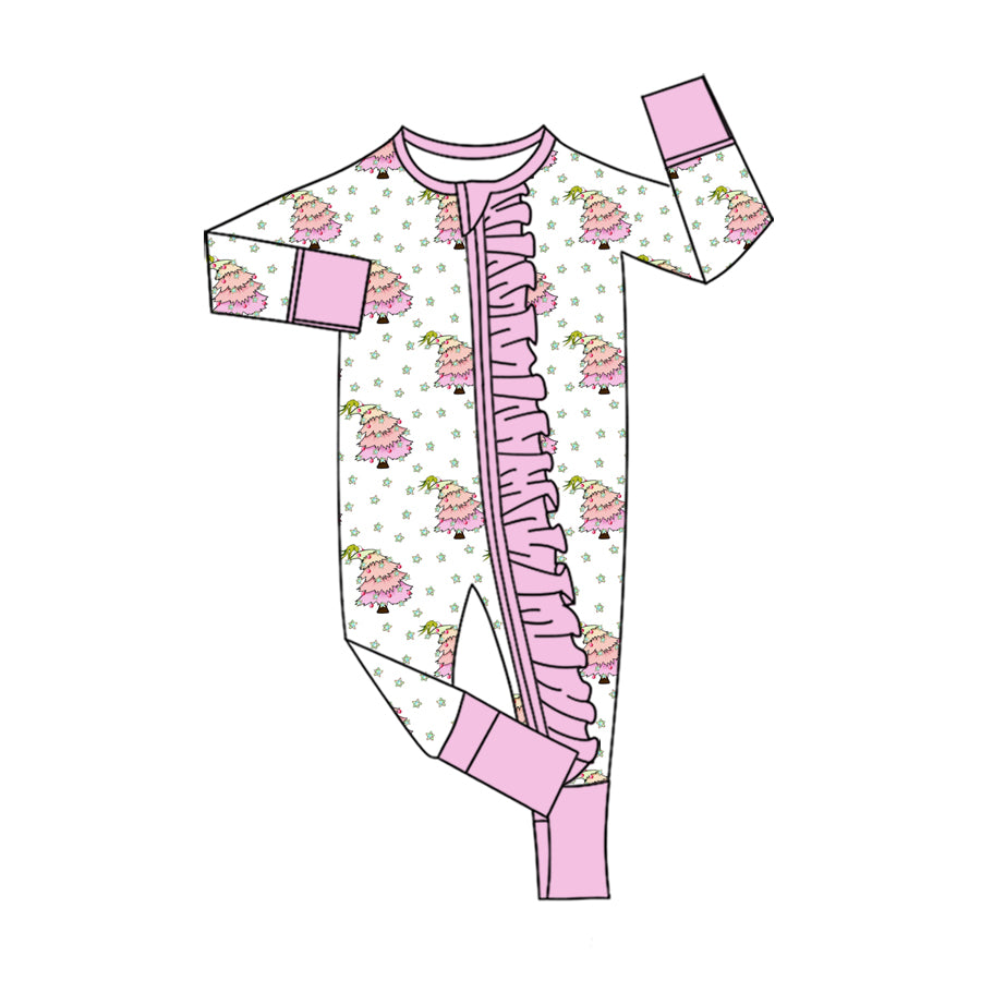 Preorder (moq 5) Baby Girls Stars Trees Christmas Two Way Ruffle Zip Convertible Rompers