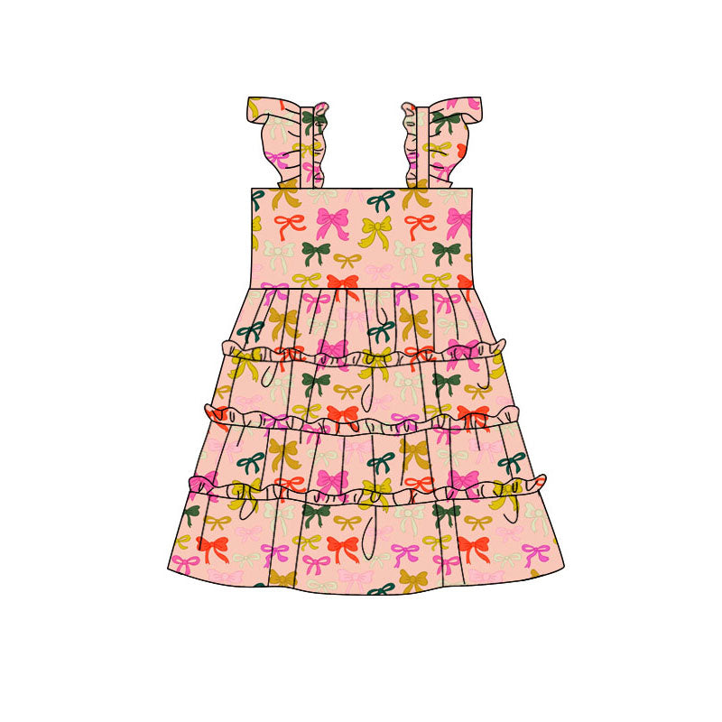 Preorder (moq 5)Baby Girls Flutter Sleeve Colorful Bows Patchwork Knee Length Dresses