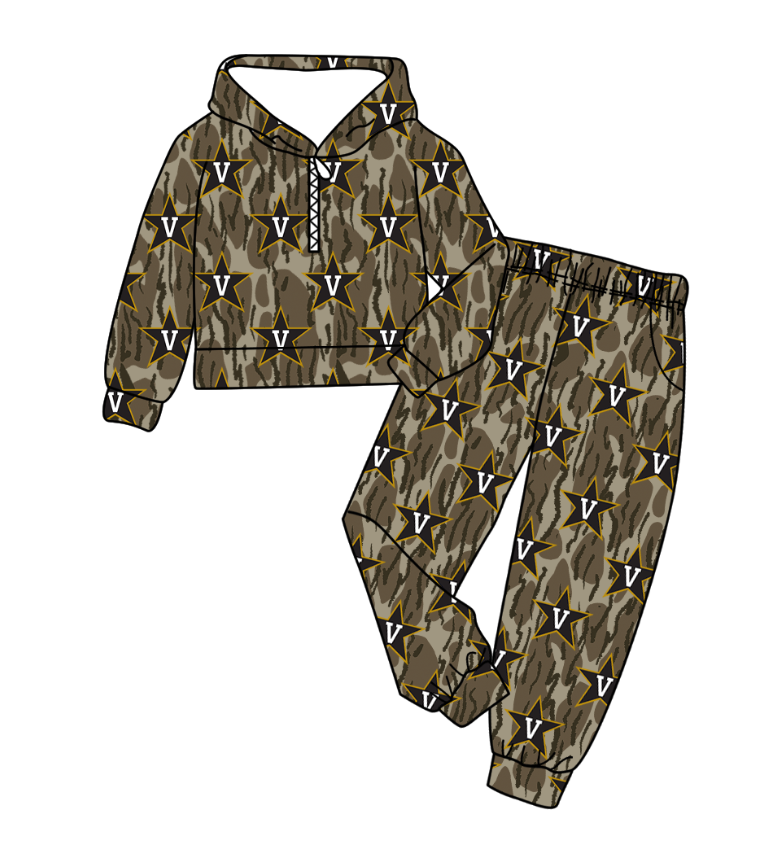Preorder(moq 5) Baby Boys Olive Camo V Stars Zipper Hoodies Pockets Pants Team Clothes Sets