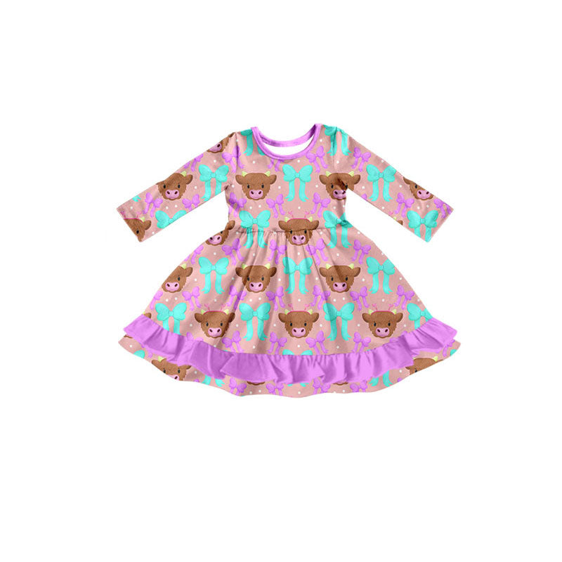 Preorder (moq 5)Baby Girls Bows Cows Western Ruffle Knee Length Dresses