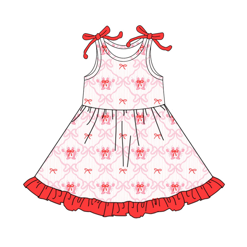 Preorder (moq 5)Baby Girls Sleeveless Bows Crayfishes Checked Ruffle Knee Length Dresses