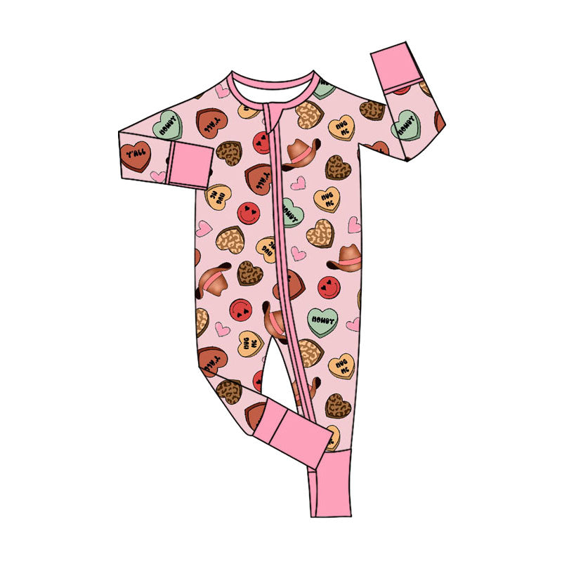 Preorder (moq 5)Baby Girls Hats Leopard Hearts Western Two Way Zip Convertible Rompers