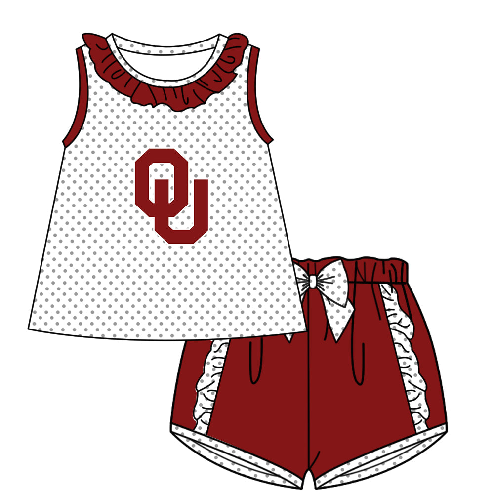 Preorder (moq 5)Baby Girls Polka Dots OU Collar Tunic Ruffle Shorts Team Clothes Sets